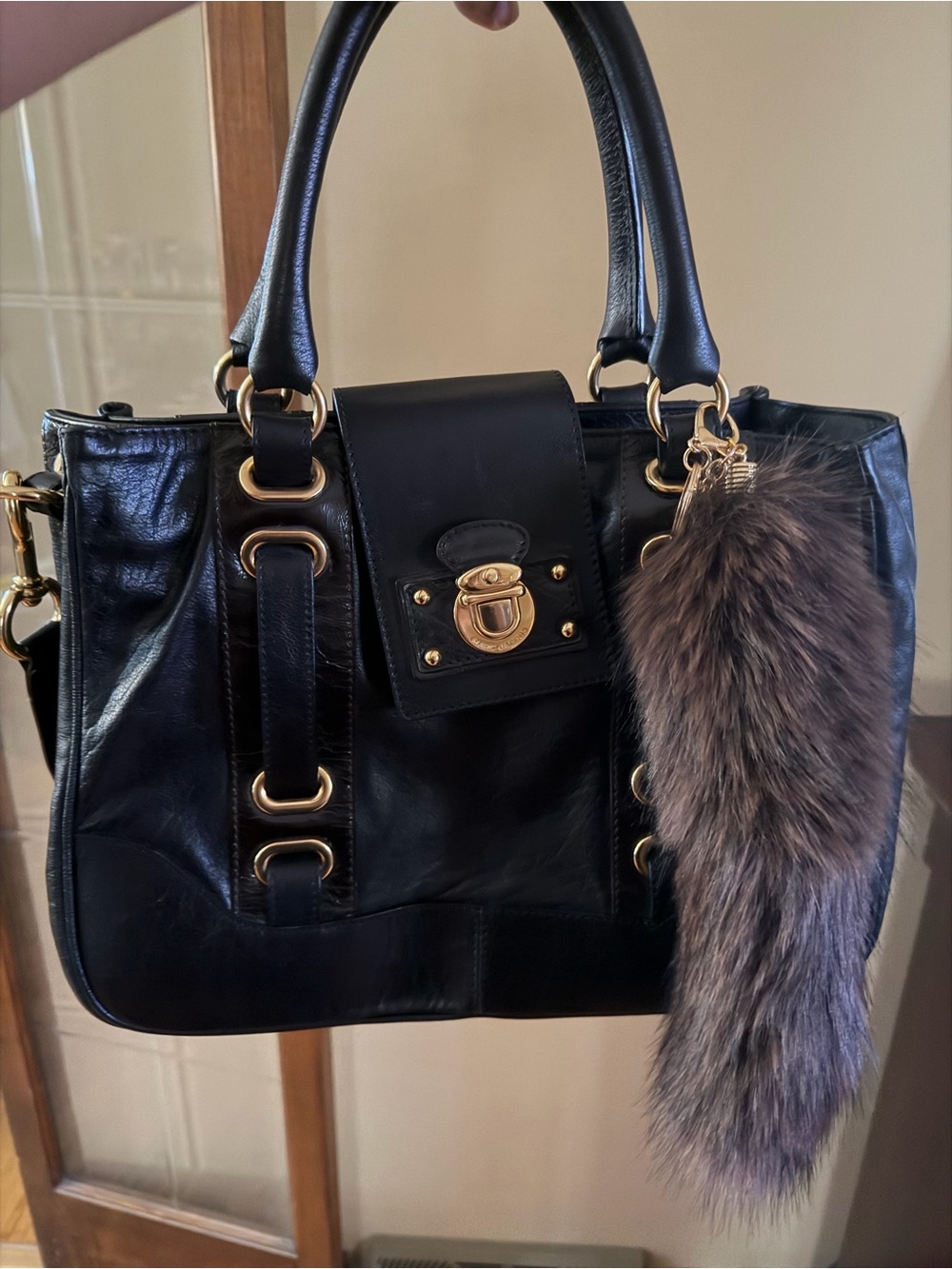 Marc Jacobs Black Leather Satchel with Gold Hardware and Fur Charm